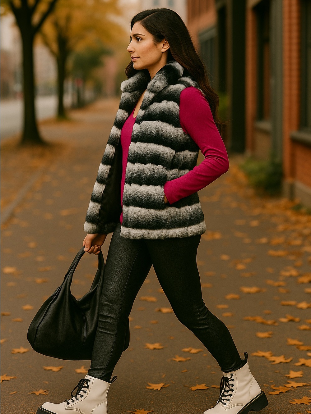 NWT Adore Black and White Ombre Stripe Faux Fur Vest
